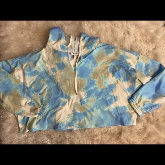 Frayed Blue Gray & White Crop Hoodie Size XL - Picture 2 of 3